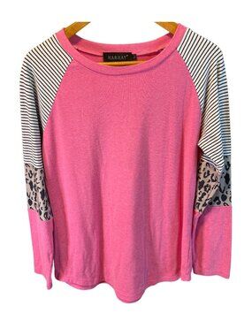 Harhay Large Pink Long-Sleeve Top With Striped Leopard Patchwork Sleeves Lounge